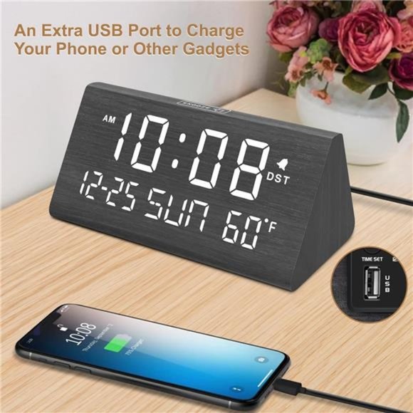 Digital Alarm Clocks for Bedrooms - Wooden Electric Clock with USB Ports, Date - Picture 6 of 6